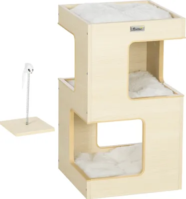 Produktbild von PawHut kočičí jeskyně, třípatrová skříňka pro kočky s polštářem, kočičí bouda, kočičí domeček s hračkou pro umělou myš, kočičí nábytek, interiér, dub, 34 x 34 x 60 cm