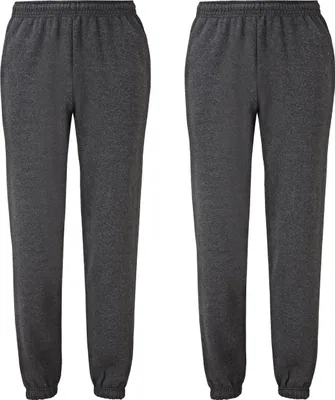 Two pairs of dark gray sweatpants are shown side-by-side against a white background.