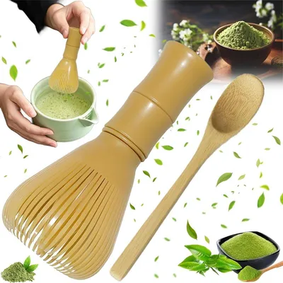 Traditionelles Matcha Starterset mit Bambusbesen, Löffel und Halter für die perfekte Zubereitung von Matcha-Tee