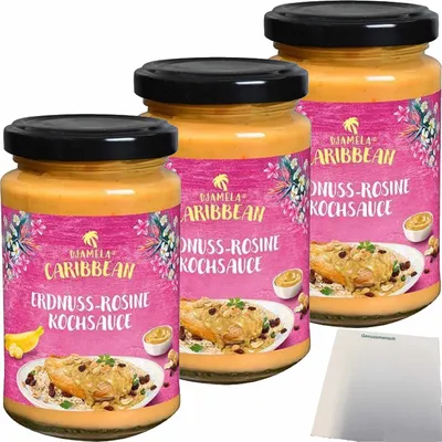 Produktbild von Djamela Caribbean Erdnuss-Rosine Kochsauce 3er Pack (3x200ml Glas) + usy Block