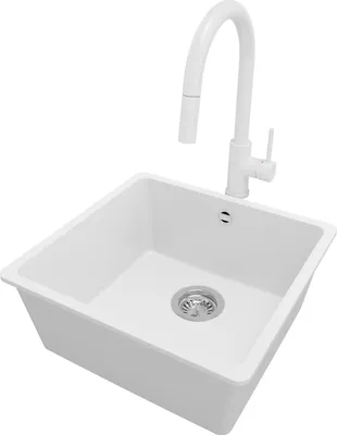 Produktbild von PRIMAGRAN Unterbauspüle Granit Weiß 46x44cm, Spülbecken 1 Becken + Küchenarmatur 40x20cm + Ablauf-Set, Granitspüle ab 50er Unterschrank - Venedig Easy