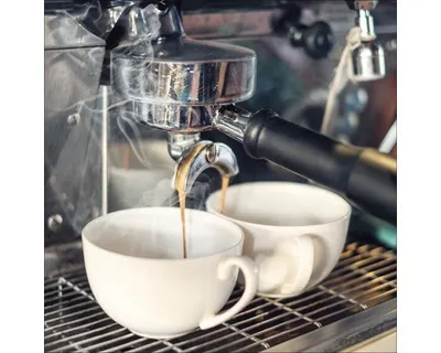 Produktbild von Glasbild Café III Vintage-Stil mit Espressomaschine und Kaffee 30x30 cm