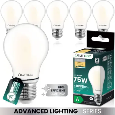 Produktbild von LUMILED 6er Set LED Lampe ultraeffizient A60 E27 4,9W 1055lm 2700K Filament Milchglas 360°  Ersatz für 75W Nicht Dimmbar Warmweiß für Wohnzimmer Schlafzimmer Büro Tropfenform