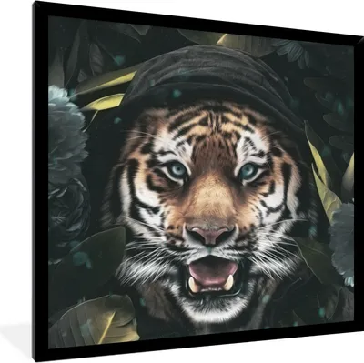 Produktbild von MuchoWow® MuchoWow® Gerahmtes Poster Tiger - Blumen - Kleidung 40x40 cm - Poster mit zchwarzem Bilderrahmen - Mit Rahmen - Wanddekoration Schlafzimmer