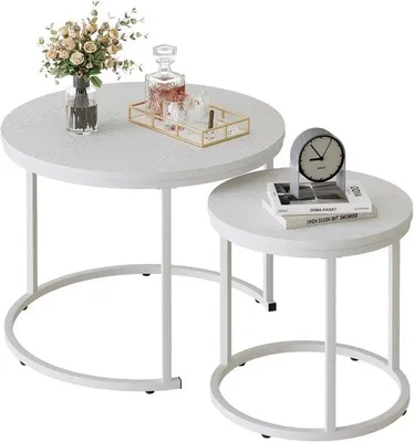 Productafbeelding van Unyqoos® Set van 2 moderne, ronde salontafels – wit metalen frame en wit tafelblad, ruimtebesparend, geschikt voor woonkamer en thuiswerkplek