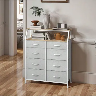 Produktbild von Schubladenschrank, Kommode mit 8 Stoffschubladen und Ablagen, Kommodenschrank, Metallgestell, Hellgrau, 99x29x107cm