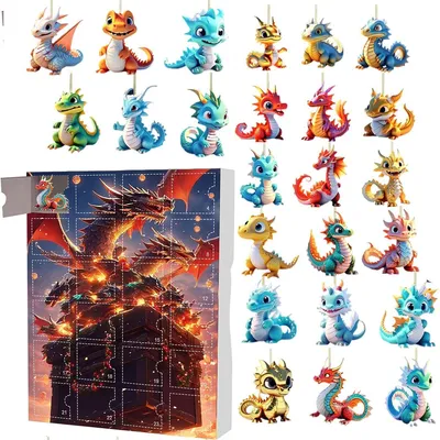 Produktbild von Dinosaurier-Adventskalender 2024, 24-Tage-Weihnachts-Countdown mit 2D-Acryl-Drachen-Anhängern, Weihnachtsbaum-Schmuck, Dinosaurier-Deko, 26x18x3cm, A