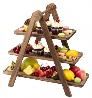 Image de Plateau en bois à 3 niveaux - Plateau de service - Présentoir à cupcakes - Assiette de service - Idéal pour les fêtes et les anniversaires - Dimensions : 43,5 x 42 x 17,78 cm