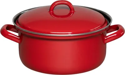 A red pot with a lid on a white background.