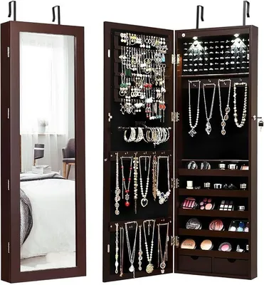 Productafbeelding van Hangende sieradenkast, 2-in-1 spiegelschaaf met LED-verlichting en 2 lades, afsluitbare wandkast, sieradenopberger voor wandmontage (bruin)