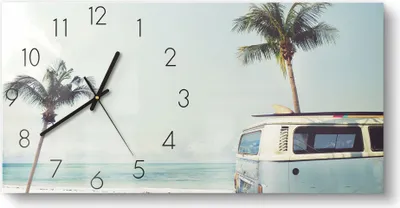 Produktbild von DEQORI Glasuhr 60x30 cm Zahlen 'Surfer-Bulli am Strand' Wanduhr Glas Uhr Design leise