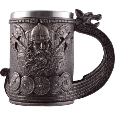 A detailed, metallic Viking-themed beer stein with a dragon handle, set against a white background.