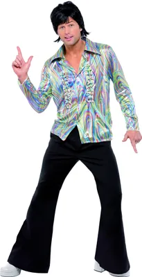 Produktbild von 70er Jahre Retro-Kostüm, schwarz, mit psychedelische Muster, Hemd und Flares, Größe:XL