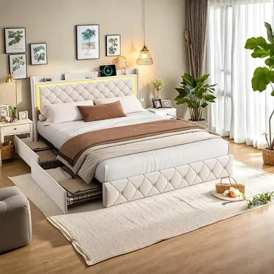 Zdjęcie produktu dla Łóżko 160x200 cm, tapicerowane podwójne łóżko z oświetleniem LED i portami USB, łóżko z pojemnikiem i 4 szufladami, stelaż łóżka, łóżko młodzieżowe, aksamit, beżowy, bez materaca
