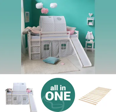 Produktbild von Homestyle4u Kinder Hochbett 90x200 weiss mit Lattenrost Rutsche Tunnel