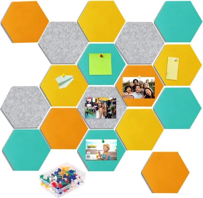 Produktbild von Selbstklebende sechseckige Korkplatte 24 Stück - Pinnwand für Zuhause, Büro, Klassenzimmer - Inklusive 100 Pinnnadeln - Blau Orange Grau