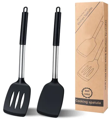 Productafbeelding van Siliconen spatelset, 2 stuks, hittebestendig, antiaanbaklaag, zwart, 35 cm