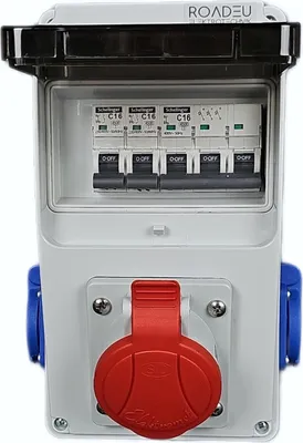 Produktbild von RoadEu Stromverteiler 16A 5P Steckdose - 2x 230V Schuko - Baustromverteiler 16A mit Sicherungsautomat C 16A - CEE Verteiler - Stromverteiler IP44