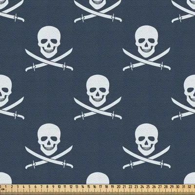 Produktbild von ABAKUHAUS Pirates Gewebe als Meterware, Piratenflagge-Muster in den klassischen Seefarben Gefährlicher Halloween-Charakter, 10 M (148 x 1000 cm), Dunkelblau Weiß