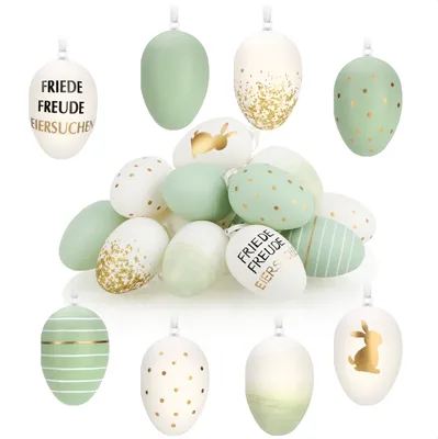 Produktbild von com-four® 16x Ostereier zum Aufhängen - dezente Hängedeko aus Kunststoff in tollen Farben - Osterdeko für den Osterstrauß mit Motiv