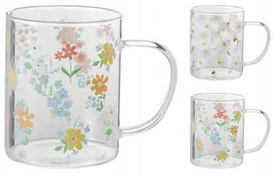 Productafbeelding van Transparant borosilicaatglas, 420 ml, met bloemenmotief, hittebestendig koffiekopje/theeglas, 1 stuk.