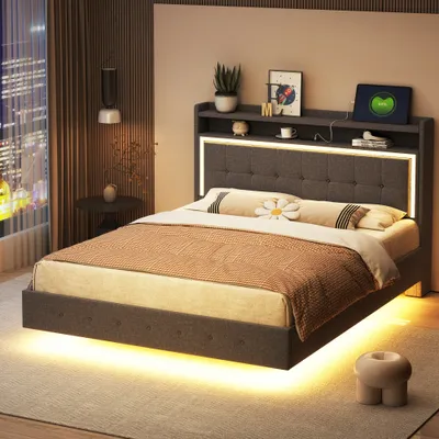 Produktbild von MODFU Polsterbett Funktionelles 140 x 200 cm mit USB-Ladeanschluss und Kopfteil mit Stauraum, Doppelbett Stauraumbett mit LED-Beleuchtung Leinenstoff Grau(Ohne Matratze)