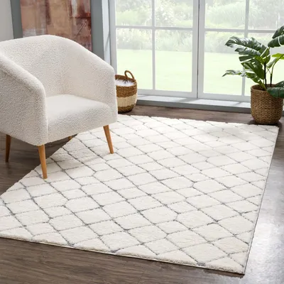 Produktbild von Teppich Hochflor Wohnzimmer - 80x150 cm - Scandi Raute-Optik Creme - Hochtief-Muster/ 3D-Effekt