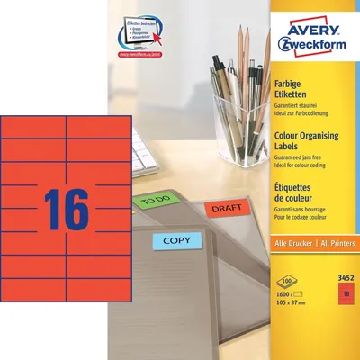 Obrázek produktu pro Etikety inkoustové/laserové/kopírovací 105x37mm PU=5x1600 kusů červená