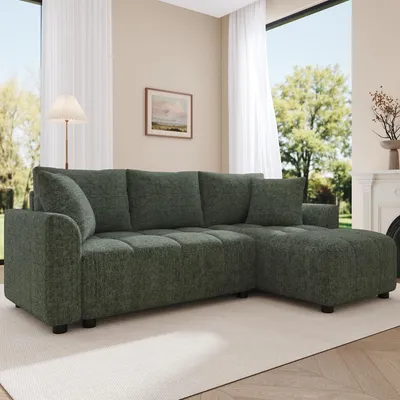 Productafbeelding van Driepersoonsbank, modulaire hoekbank, chenille, 2 sierkussens, voor de woonkamer (groen)