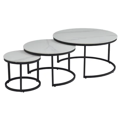Productafbeelding van Casa Dolce MEANA bijzettafeltjes, wit-grijs, set van 3, Ø 80x42 - 60x38 - 40x34 cm, keramische tafelbladen met marmerlook, metalen poten
