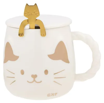 Katzen-Tasse mit Deckel & Löffel, weiß, 425 ml, Porzellan