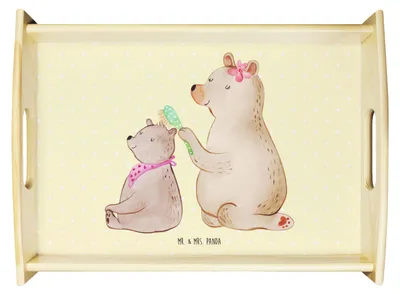 Produktbild von Mr. & Mrs. Panda Deko Tablett Bär Kind - Gelb Pastell - Geschenk, holz, Muttertag, Serviertablett, Servier, Mutter, Holztablett, Mama, couchtablett
