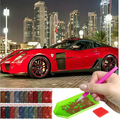 Produktbild von ARTULIO Diamond Painting Set - Rotes Ferrari vor moderner Stadtkulisse - 30 x 40 cm - 5D Crystal Art, Bilder DIY