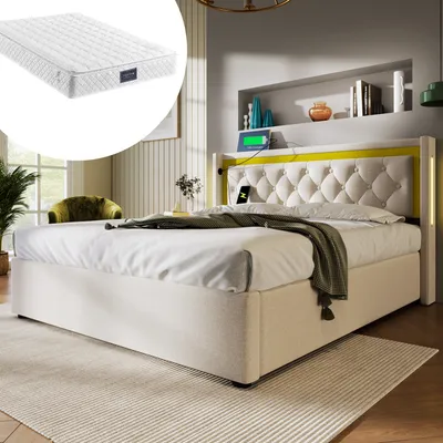 A bedroom scene featuring a bed with a tufted headboard and integrated charging.