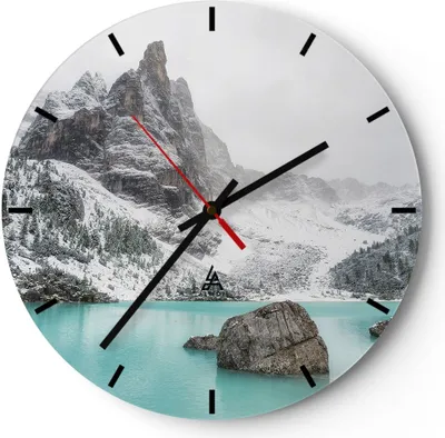 Produktbild von Wanduhr - Rund - Glasuhr - Berge See Schnee - 30x30cm - Schleichendes Uhrwerk - Lautlos - zum Aufhängen bereit - Dekoration Modern - Wanddekoration aus Glas - C3AR30x30-4377
