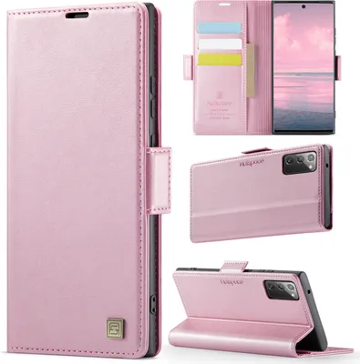 Produktbild von Lederhülle für Samsung Galaxy Note20 /Note 20 5G, RFID Schutz Handyhülle mit Magnetverschluss, Kartenfächern und Ständer Pink