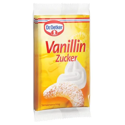 A package of Dr. Oetker Vanillin Zucker (Vanilla Sugar) is shown against a white background.