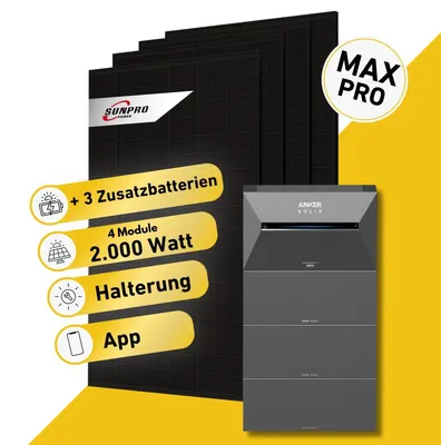 Produktbild von Balkonstrom Balkonkraftwerk 2000W mit Speicher | 3xZusatzspeicher | Biberschwanzdachhalterung | 4xSolarmodul Bifazial | Anker Solix 3 Pro |Kabel 15m