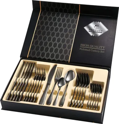 Produktbild von Besteck Set 6 Personen 24-teiliges Besteckset aus Edelstahl, Spiegelpolierter Design, inklusive Messer, Gabel und Löffel, Küche Besteck-Set, Schwarz