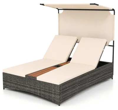 Produktbild von KOMFOTTEU Sonnenliege für 2 Personen mit Sonnendach, Rattan Gartenliege mit 6-fach verstellbaren Rückenlehnen, Mitteltisch & 2 Getränkehaltern, Doppelliege mit Metallrahmen, Loungebett für Garten
