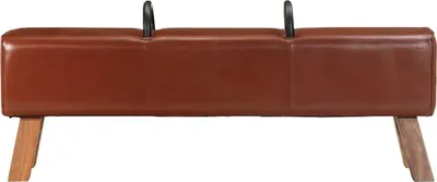 A vintage-style pommel horse bench with brown leather upholstery and wooden legs, presented against a white background.