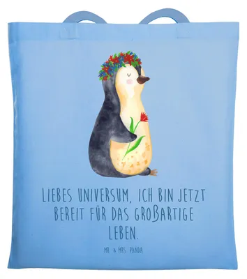Produktbild von Mr. & Mrs. Panda festivaltasche Pinguin Blumen - Sky Blue - Geschenk, Einkaufstüte, Tote Bag, Motivation, Laptoptasche, Stoffbeutel, Leben, Positiv, Schultasche, Ziele