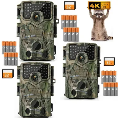 Obrázek produktu pro 4K kamera na sledování zvěře, kamera na sledování divokých zvířat s rozlišením 48 MP, Full HD kamera na sledování zvěře s pohybovým senzorem, noční vidění, spouštěcí doba 0,3 s, infračervená kamera na sledování zvěře s 32GB kartou, 3 kusy