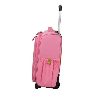 A pink children's rolling suitcase with a telescoping handle is shown against a white background.