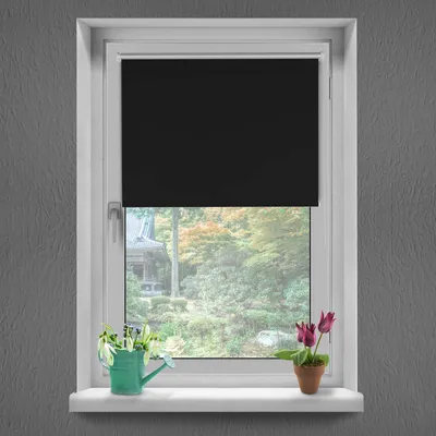 A black roller blind is shown partially covering a window that looks out onto a garden scene. There are two small potted plants on the windowsill.