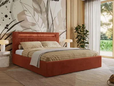 Produktbild von MKS MEBLE Polsterbett Doppelbett mit Holzlattenrost GOLD 5 CLASSIC Bettkasten LED Beleuchtung Gasdruckfeder 180x200 - Orange Plüsch