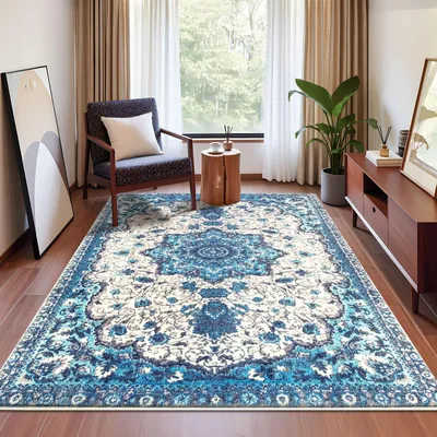 Vintage-Teppich, niedrigflorig, rutschfest, blau, 160x200 cm