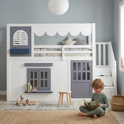 Productafbeelding van Hoogslaper 90 x 200 cm, Kleur wit, Hout, Praktische opbergruimte, Opbergtrap, Veiligheidshek, Huisvormig ontwerp, AI-gegenereerde afbeelding