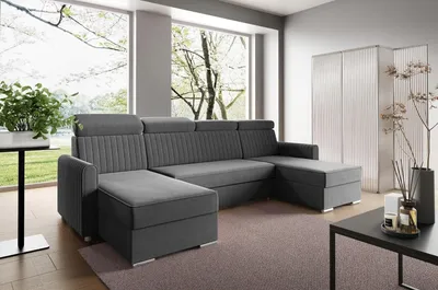Zdjęcie produktu dla LIKMA Narożnik 274 cm Grafitowy Rozkładany NELI Kształt U z Funkcją Spania (254x125 cm) i Pojemnikiem na Pościel Sofa z Regulowanymi Zagłówkami