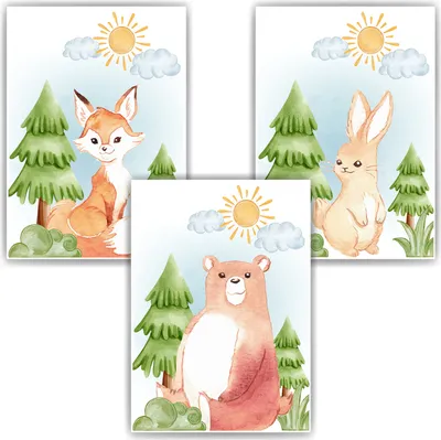 Produktbild von Waldtiere Fuchs Eichhörnchen Bär Hase Bilder 3er Set DIN A4 Kinderzimmer Wandbilder Babyzimmer Poster Dekoration